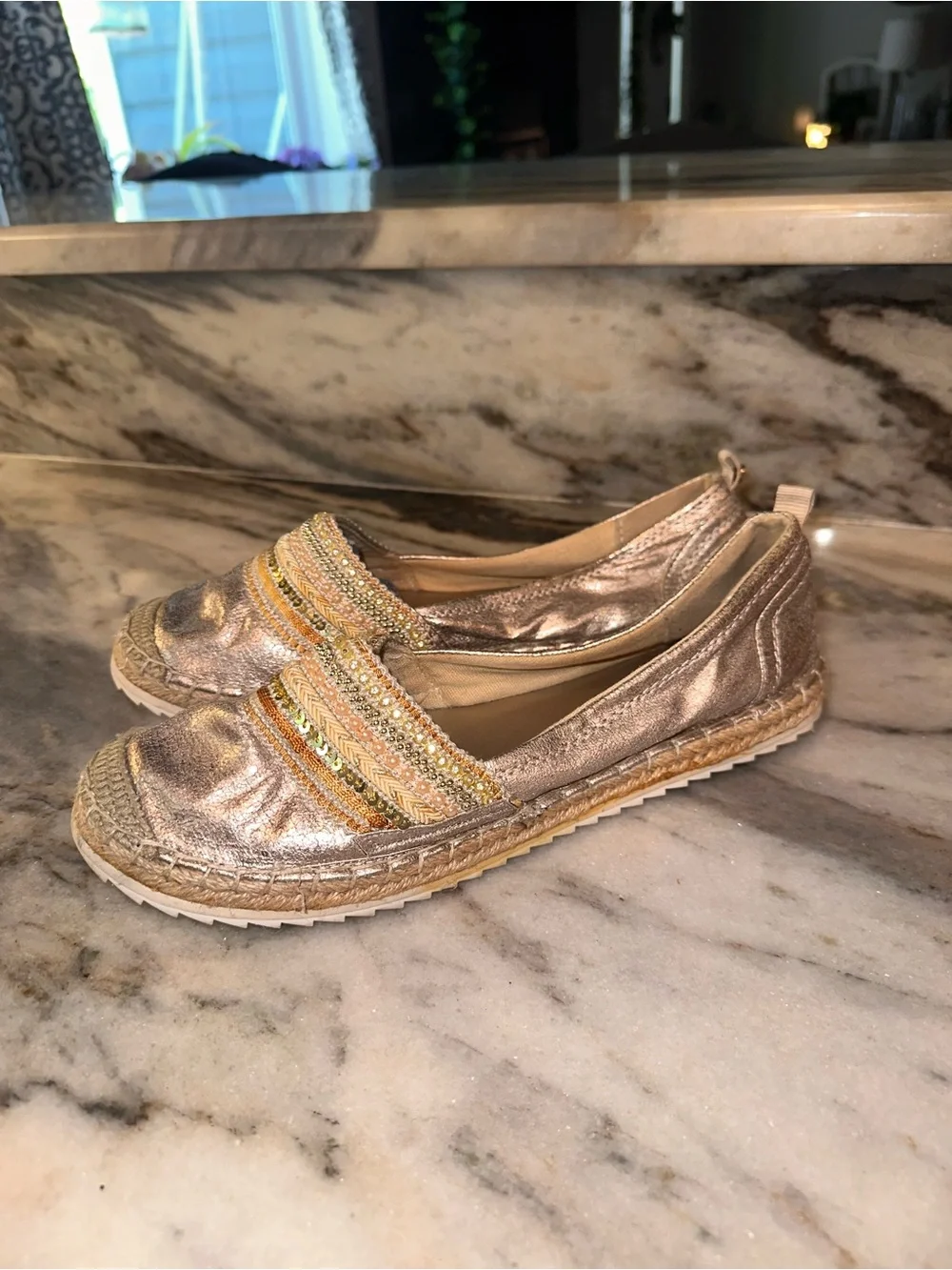 Bull Boxer Size 39/8-8.5 Women's Metallic Espadrille Beaded Slip-Ons in Beige